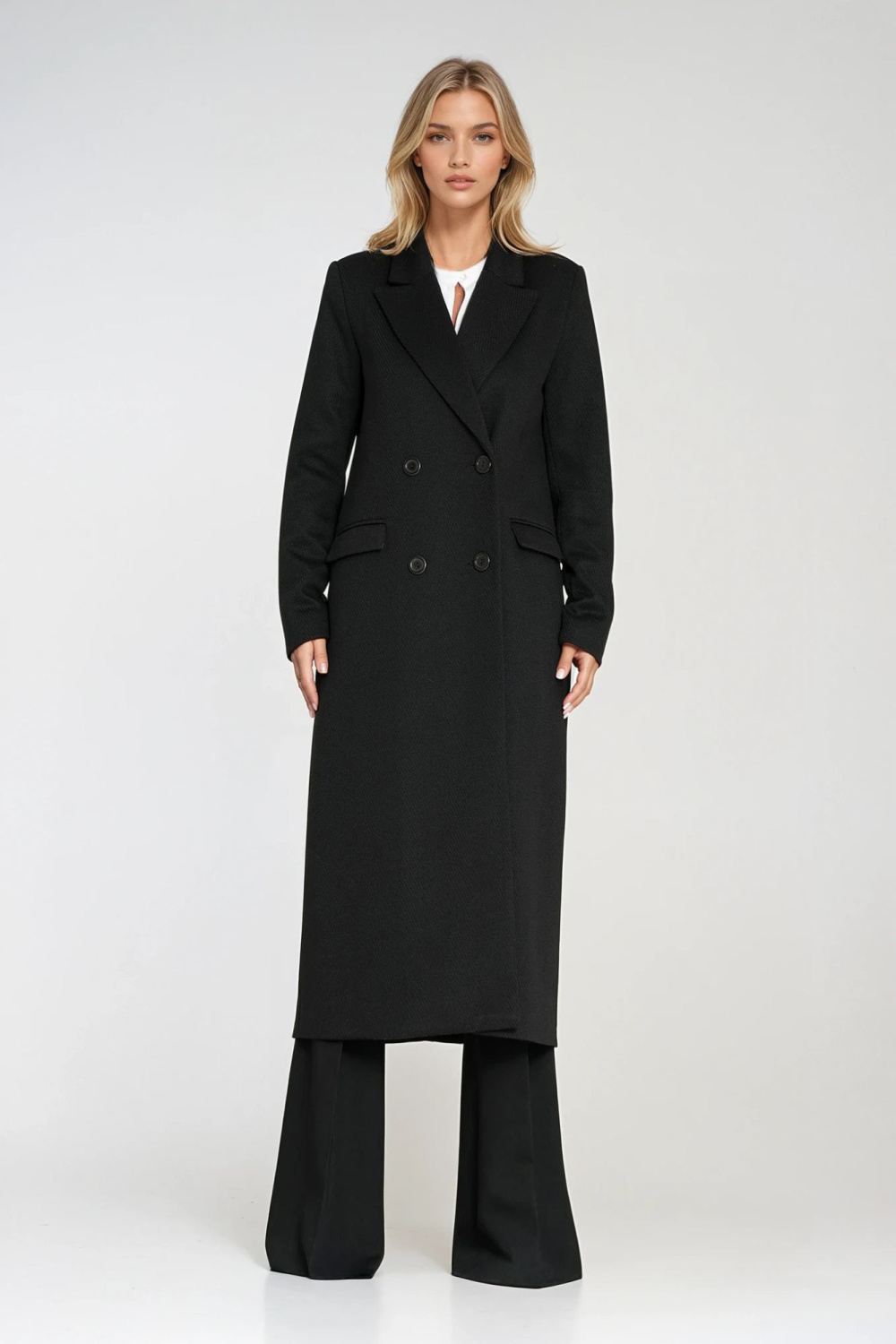 Elegancki płaszcz dwurzędowy PL25 Black - Nife – widok 2