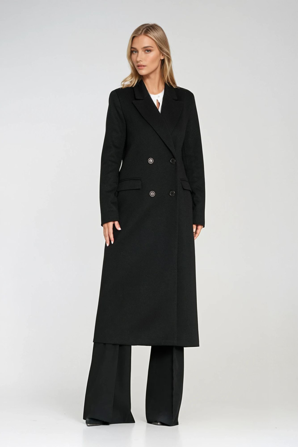 Elegancki płaszcz dwurzędowy PL25 Black - Nife