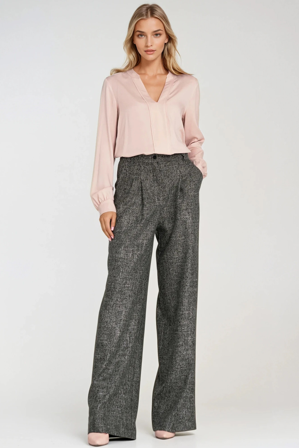 Spodnie z zakładkami wide leg SD116 Black Melange - Nife