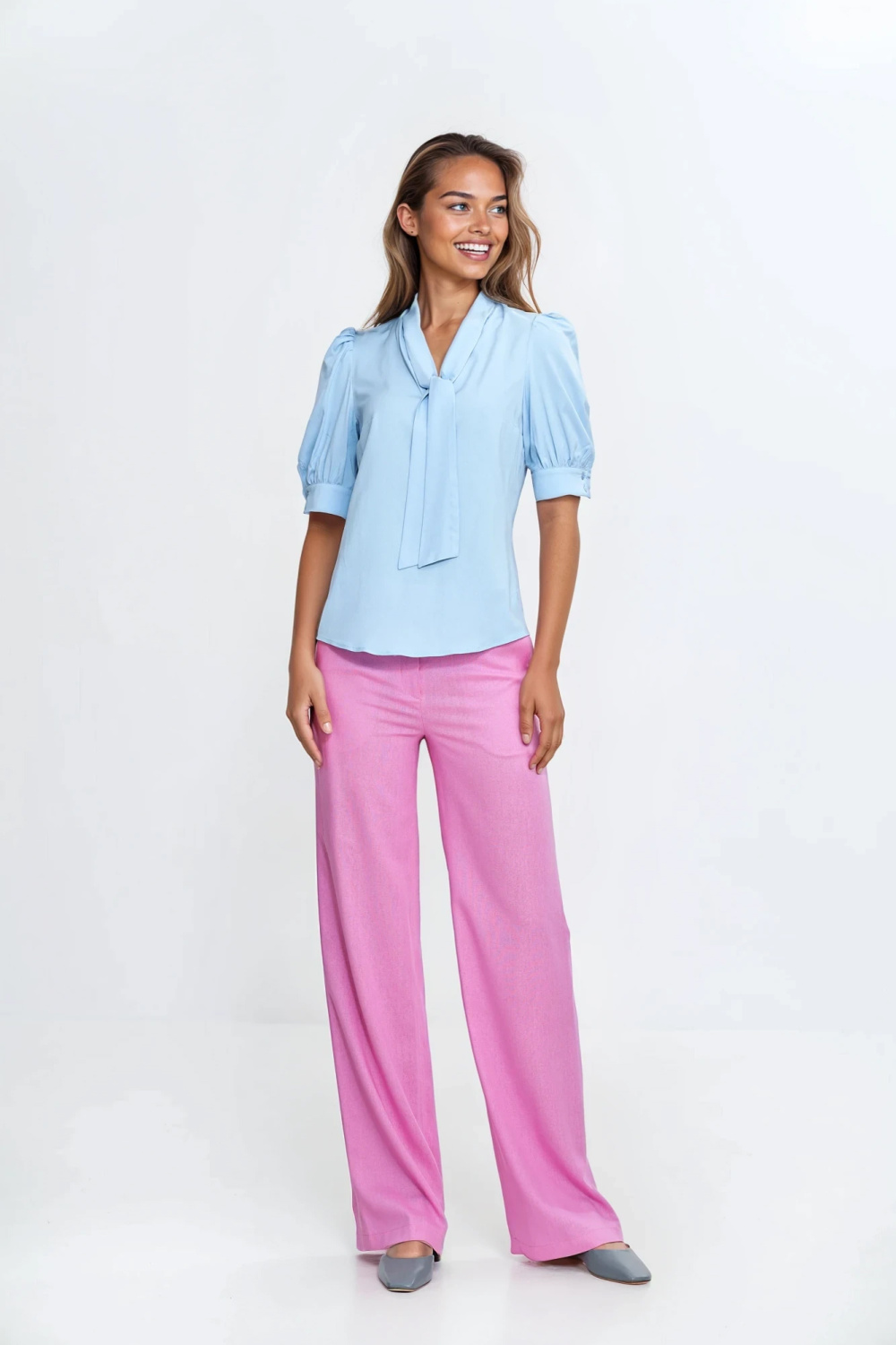 Tie-neck blouse B189 Sky Blue - Nife