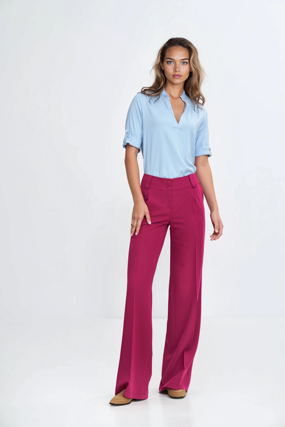 Blouse with Turn-Up Sleeve B188 Sky Blue - Nife