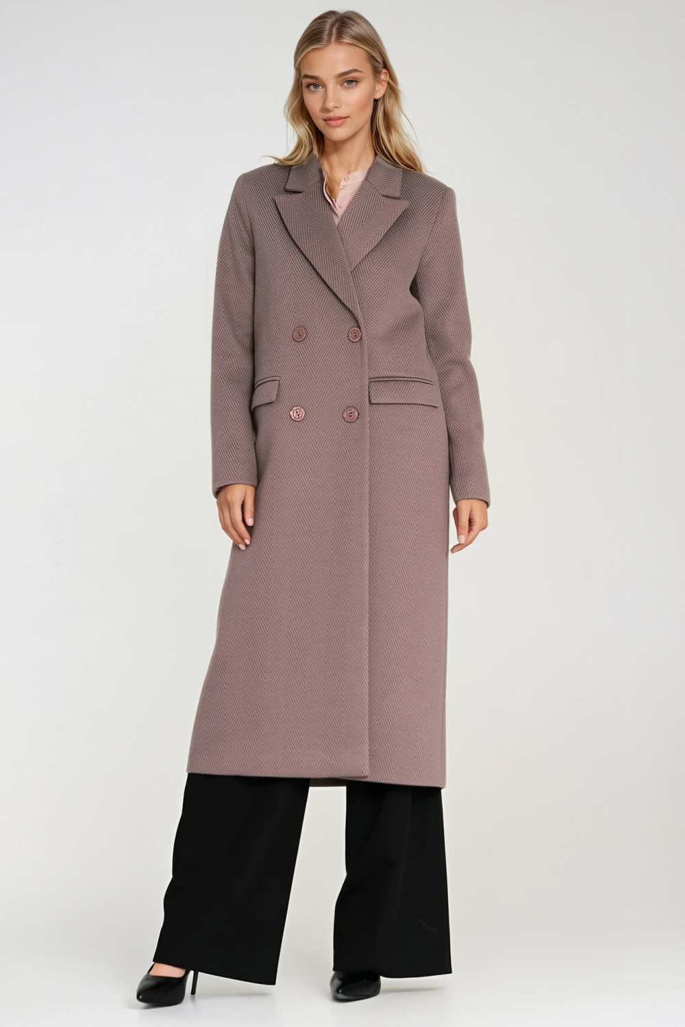 Elegancki płaszcz dwurzędowy PL25 Beige - Nife – widok 2