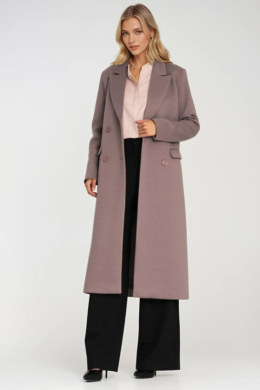 Elegancki płaszcz dwurzędowy PL25 Beige - Nife