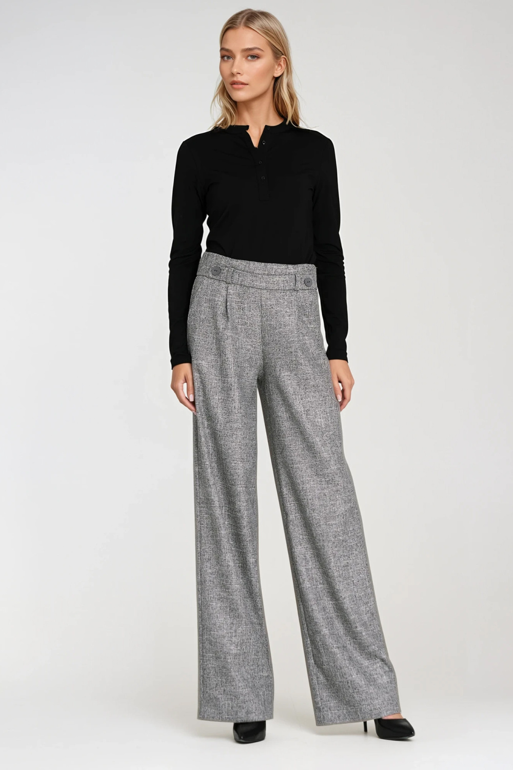 Wide-leg trousers with elastic waistband and buttons SD126 Grey Melange - Nife – vue 2