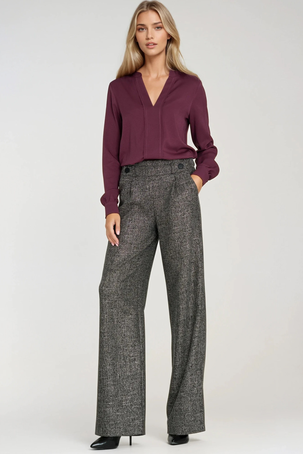 Spodnie wide leg z gumą w pasie i guzikami SD126 Black Melange - Nife