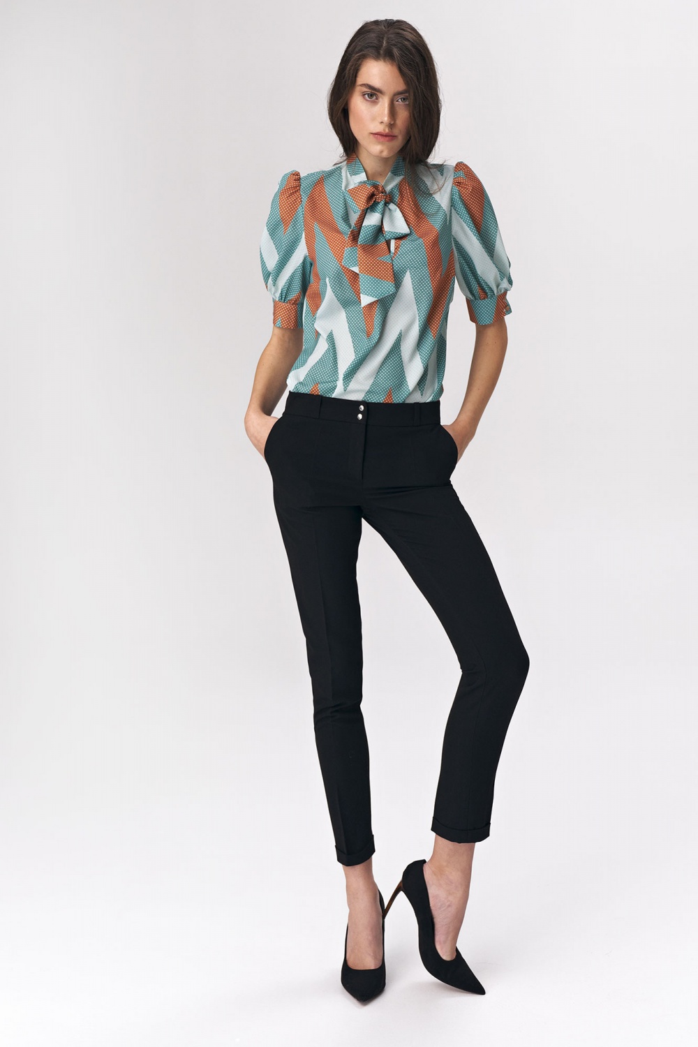Turquoise blouse with neck tie and zigzag neckline B111 Turquoise - Nife