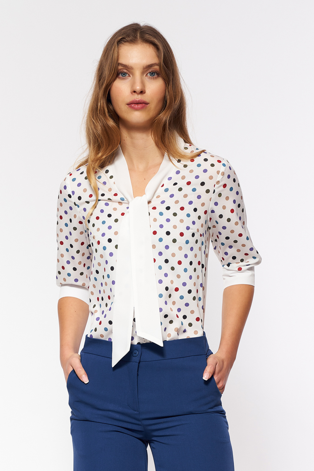 Subtle tie-neck blouse B181 Ecru/Violet - Nife