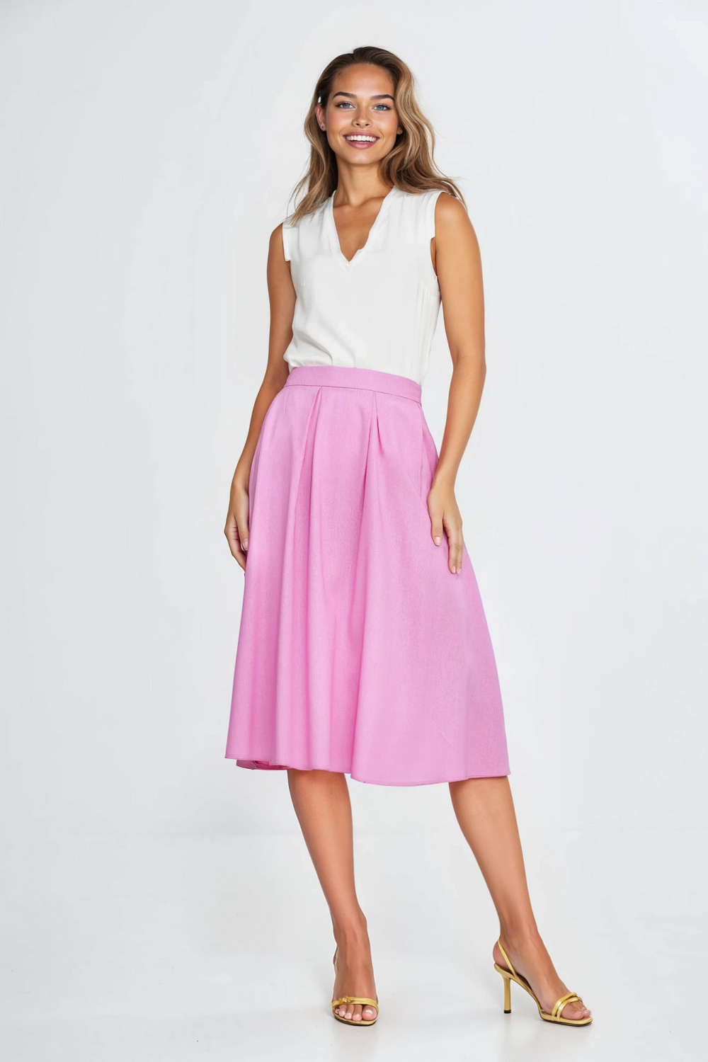 Midi rayon skirt with pleats SP82 Pink - Nife