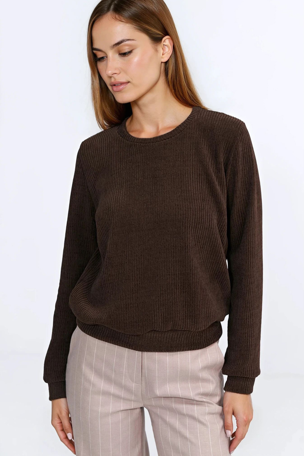 Bluza z dzianiny prążkowanej z długim rękawem BL13 Brown - Nife