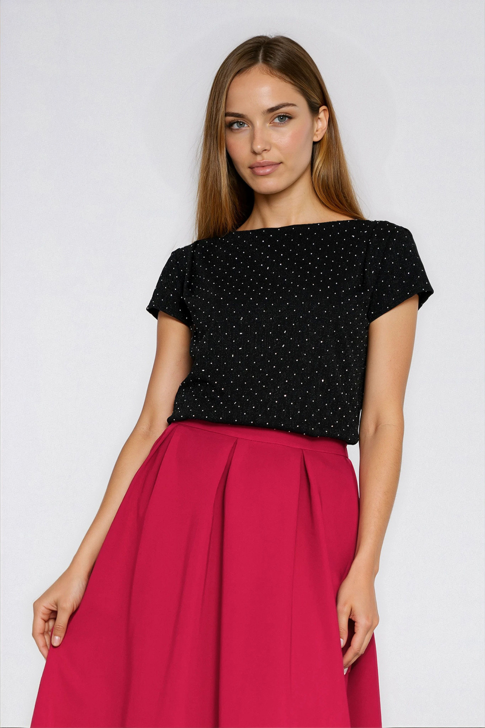 Blouse with shoulder pleats B218 Silver/Black - Nife
