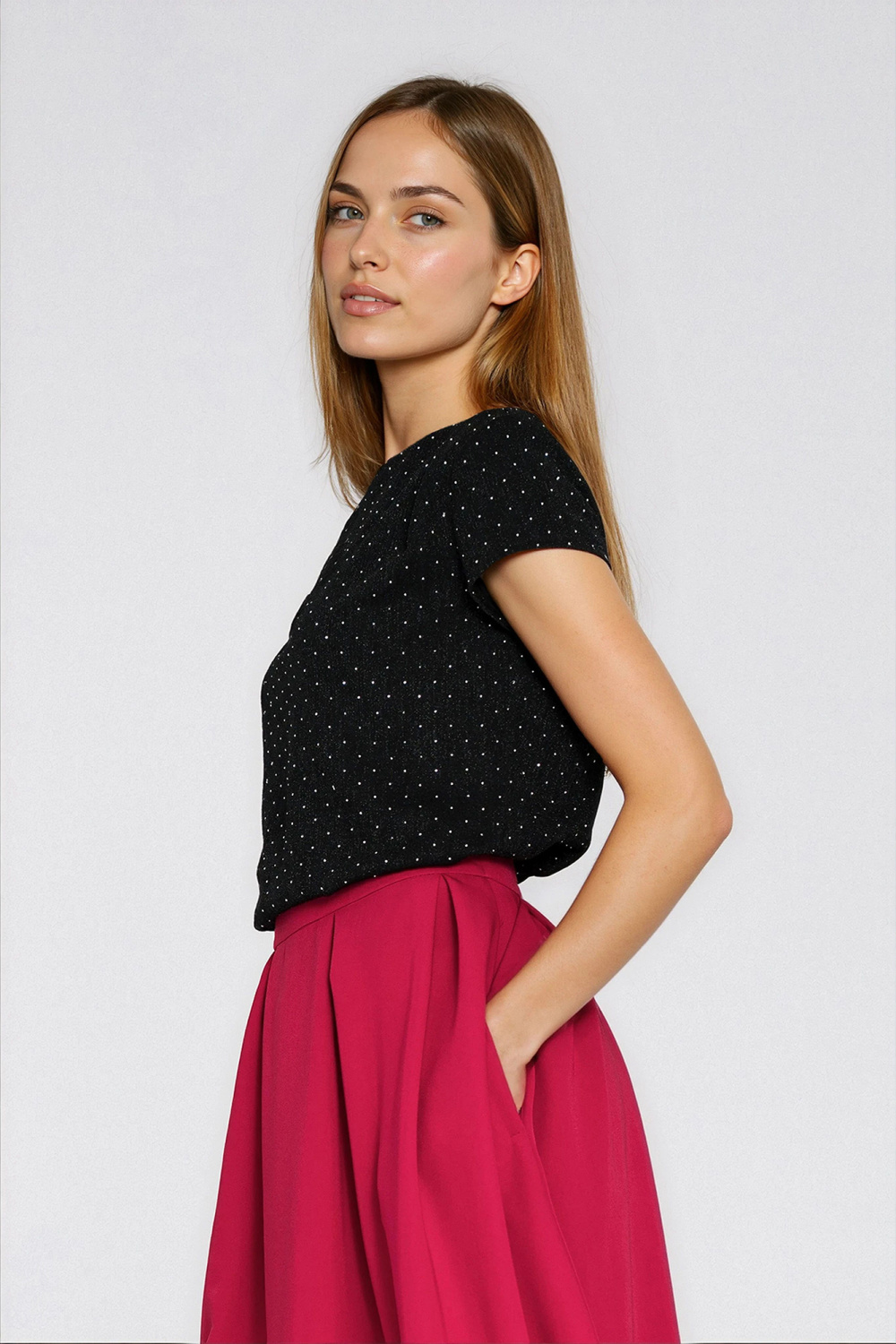 Blouse with shoulder pleats B218 Silver/Black - Nife