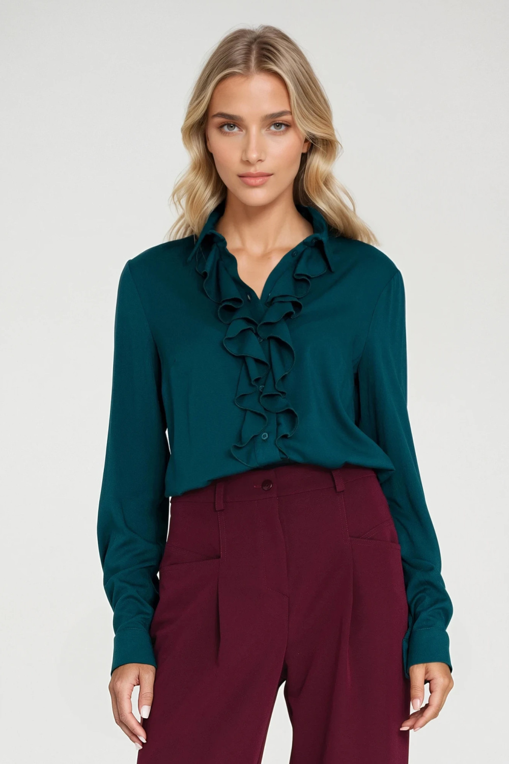 V-neck viscose blouse with jabot B202 Emerald - Nife