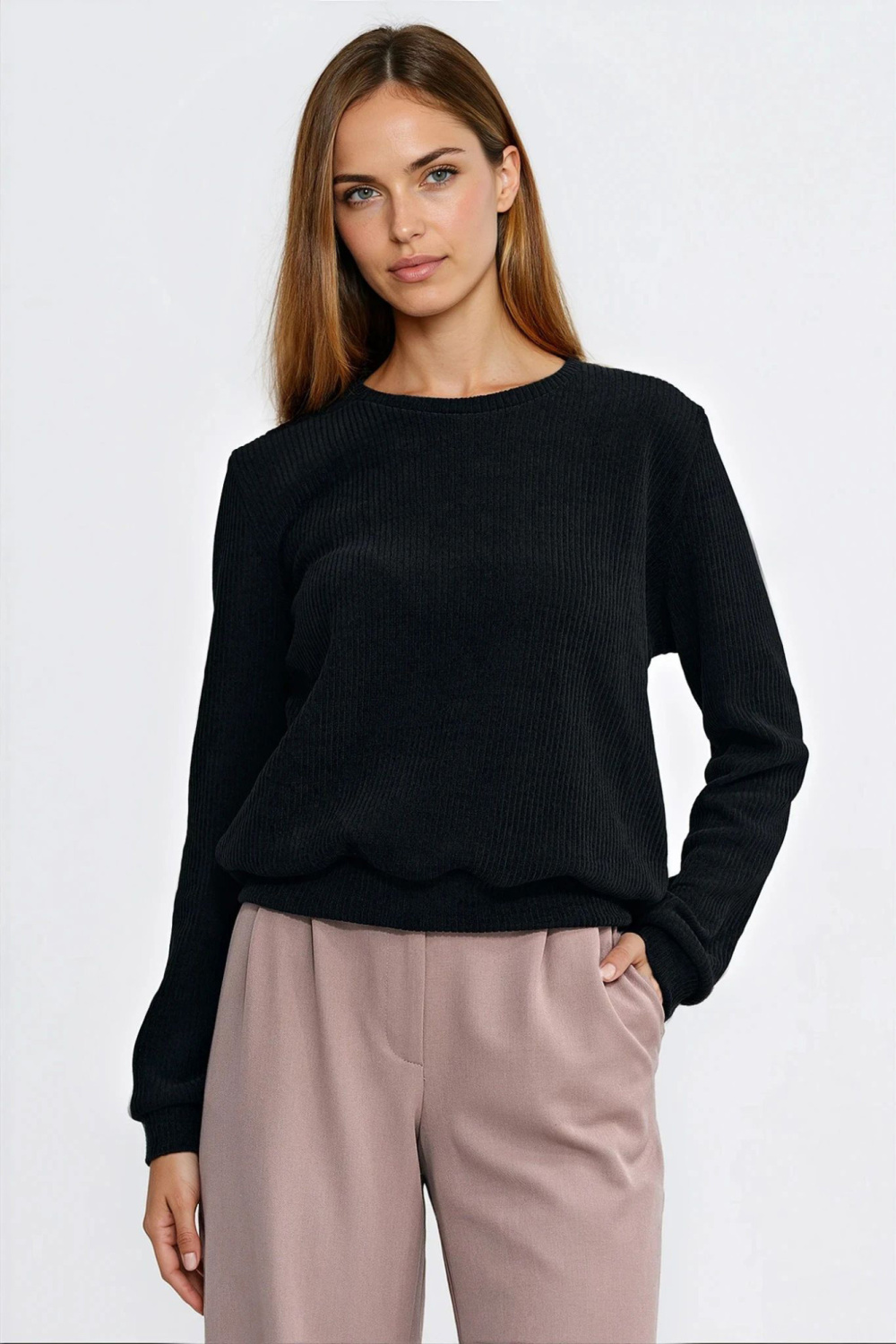 Bluza z dzianiny prążkowanej z długim rękawem BL13 Black - Nife