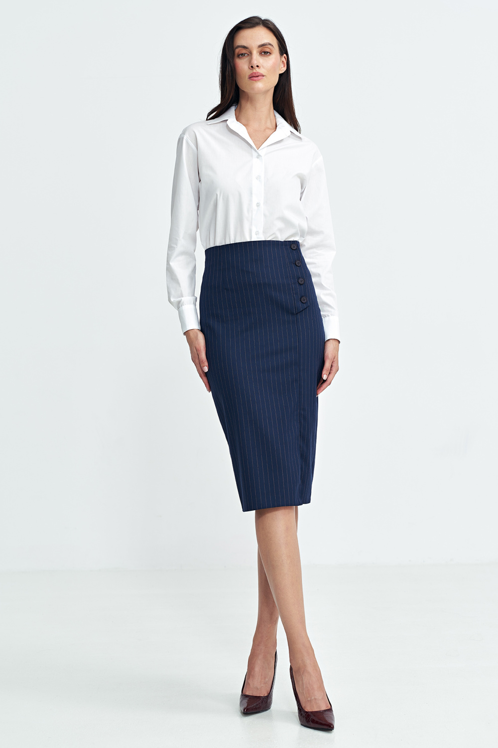 Pencil skirt with side button detail, ribbed SP77 Navy - Nife – vista 2
