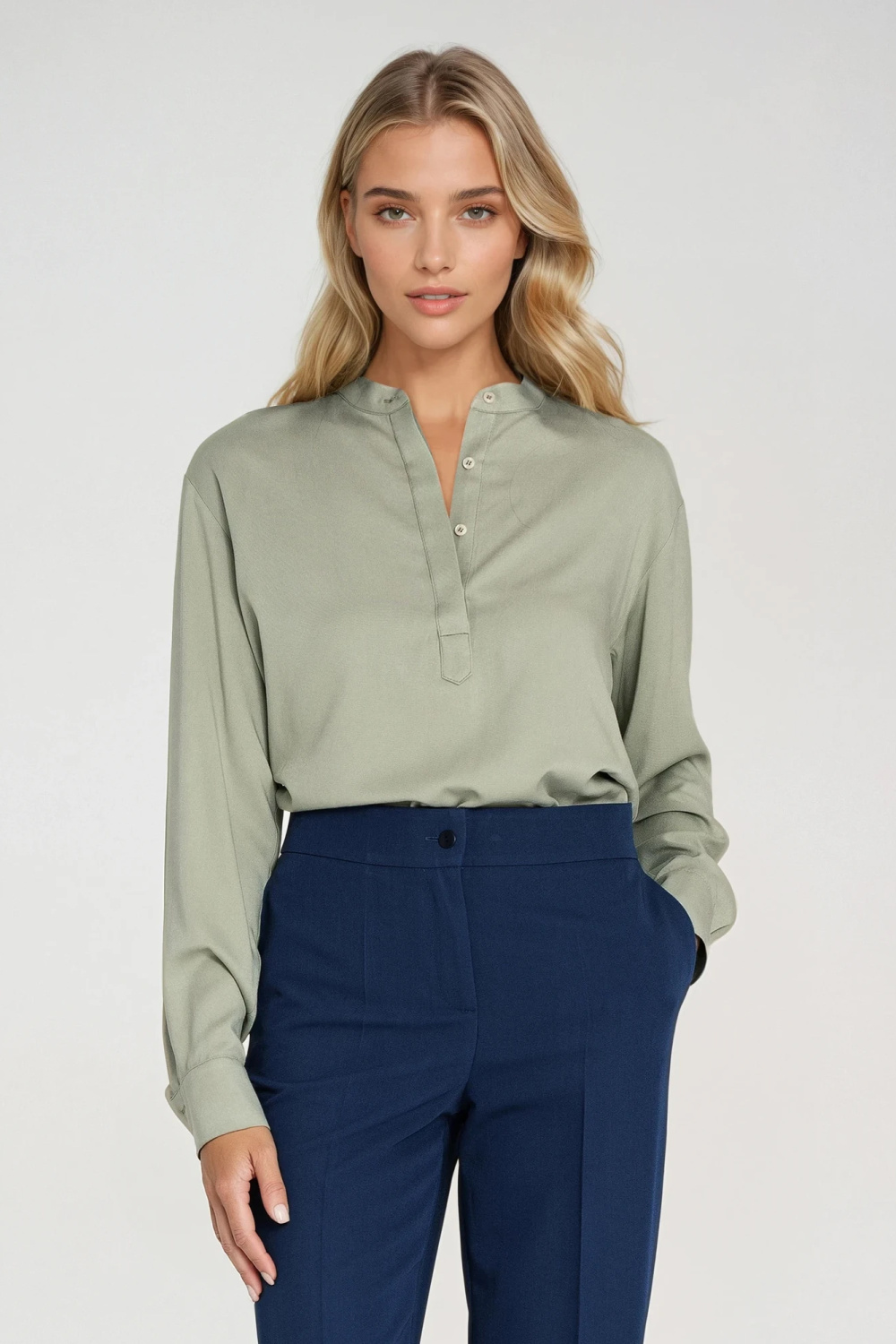 Viscose polo blouse with stand collar B194 Pistachio - Nife