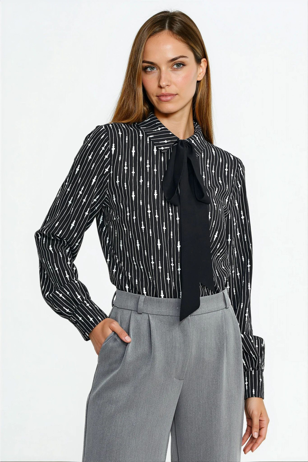 Blouse with neck scarf B211 Beaded Pattern/Black - Nife