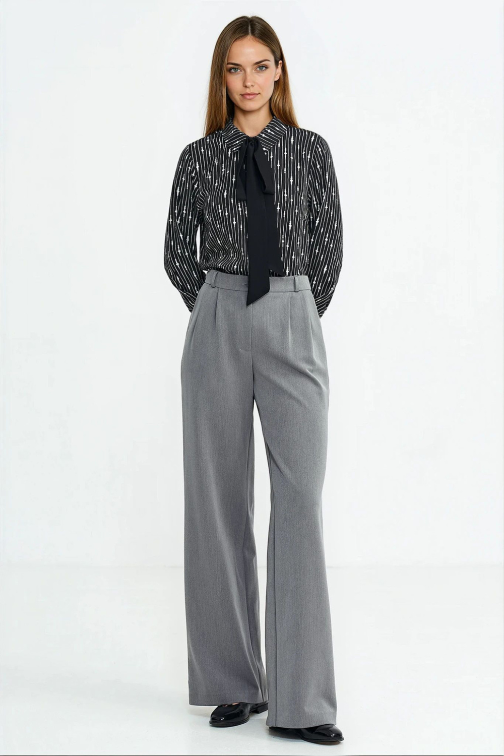 Blouse with neck scarf B211 Beaded Pattern/Black - Nife