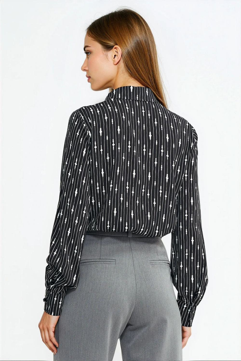 Blouse with neck scarf B211 Beaded Pattern/Black - Nife