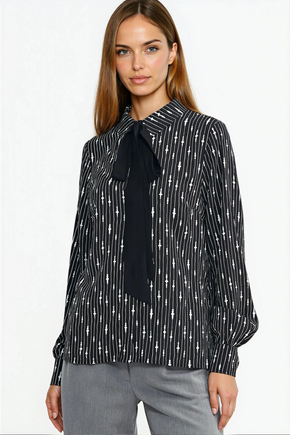 Blouse with neck scarf B211 Beaded Pattern/Black - Nife – vista 2