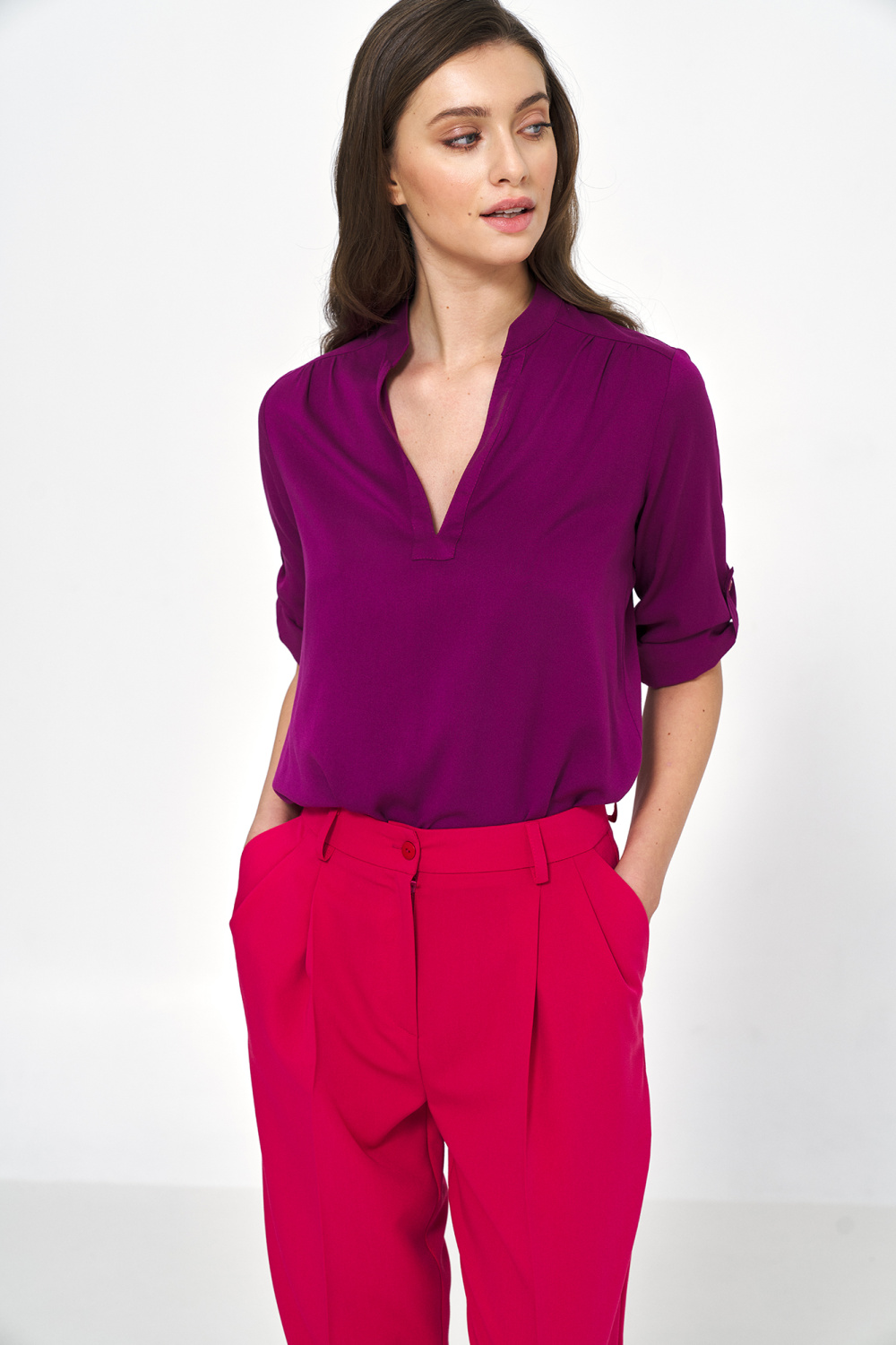 Viscose purple blouse with rolled-up sleeves B184 Purple - Nife