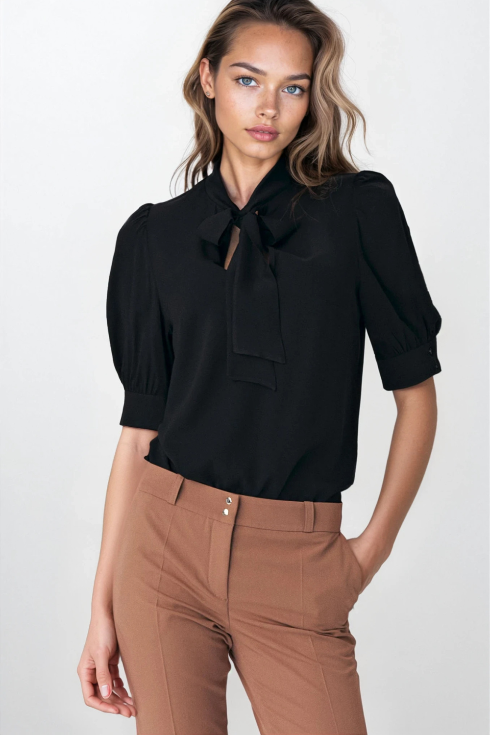Elegant black blouse with neck tie B170 Black - Nife
