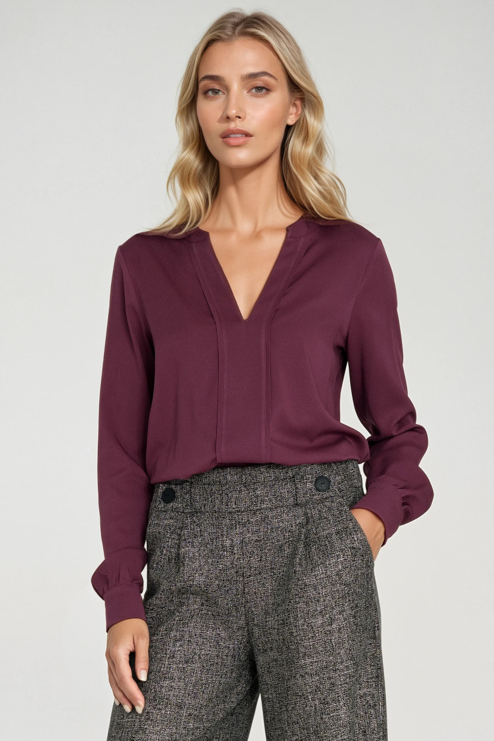 Viscose blouse with a wide pleat at the neckline B196 Plum - Nife