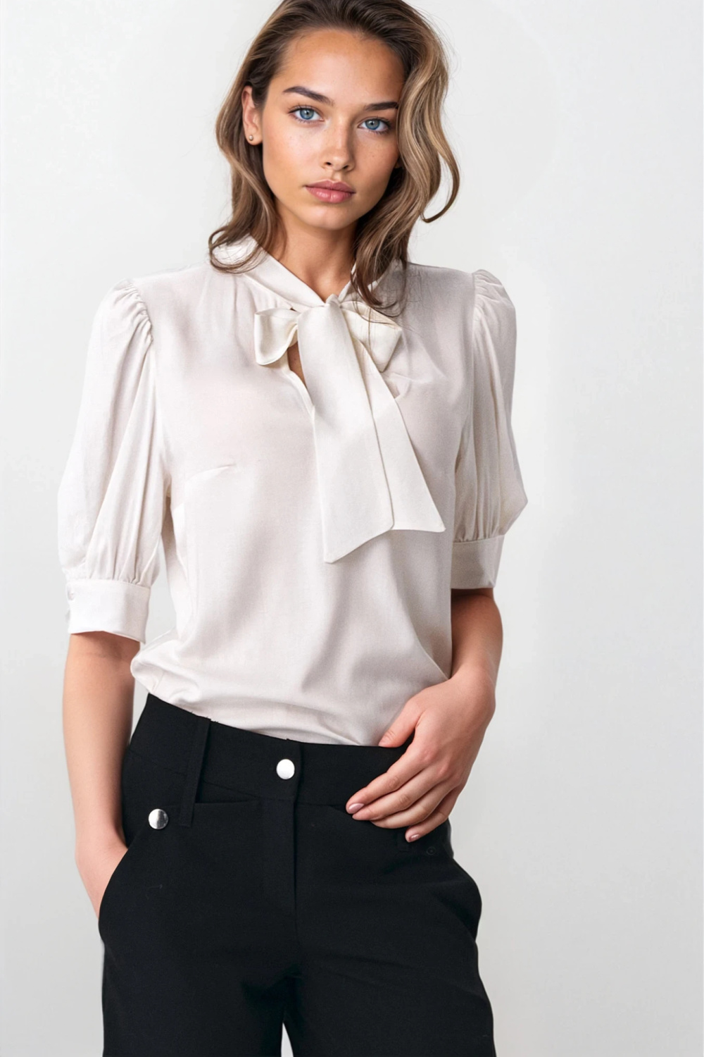 Elegant ecru blouse with neck tie B170 Ecru - Nife
