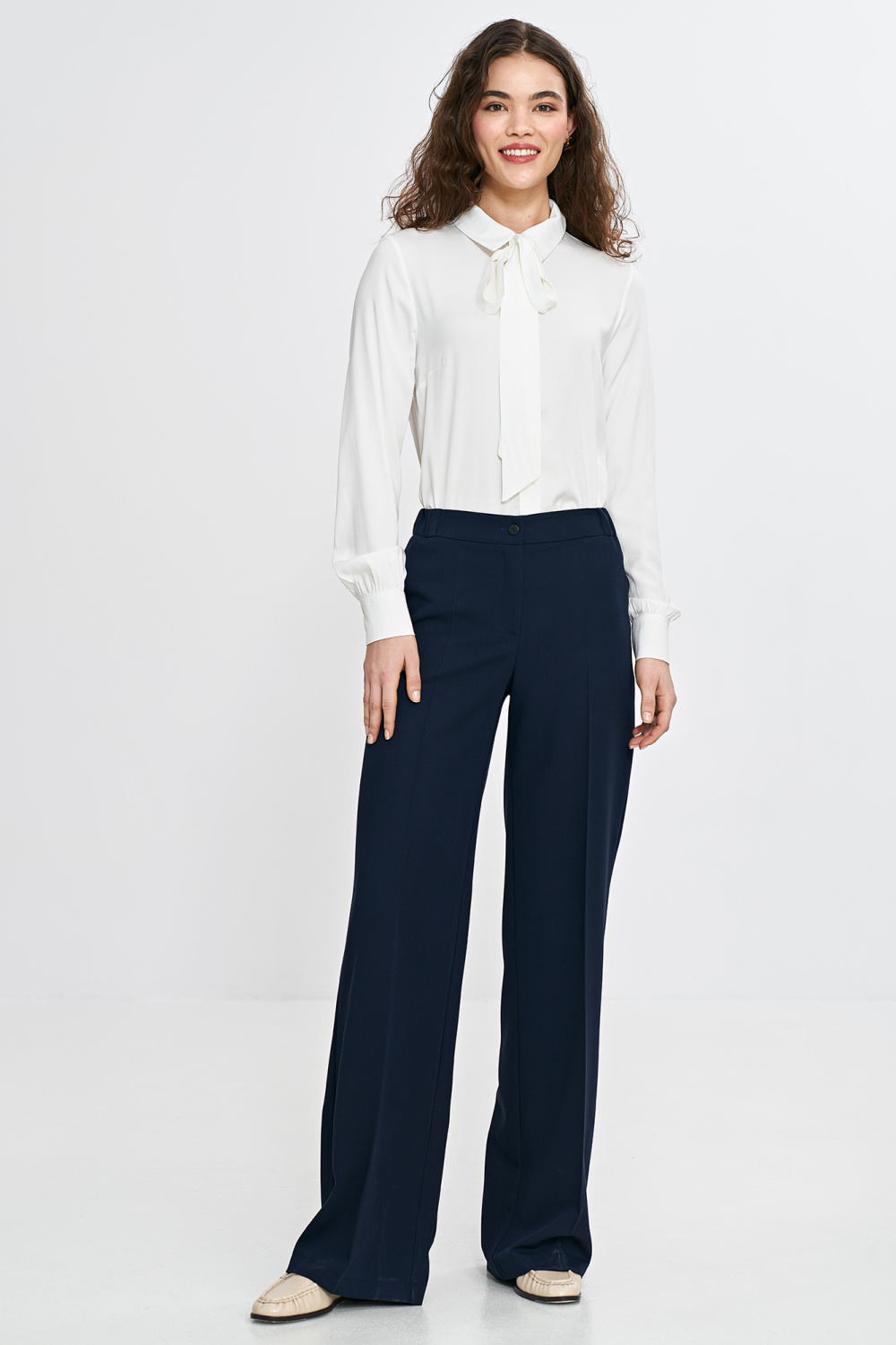 Spodnie wide leg z gumą w pasie SD113 Navy - Nife