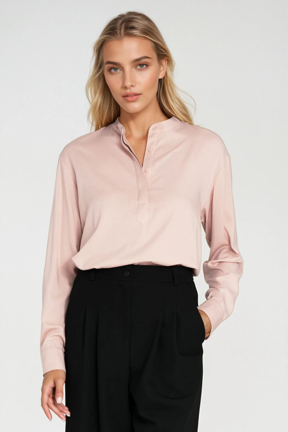 Viscose polo blouse with stand-up collar B194 Beige - Nife