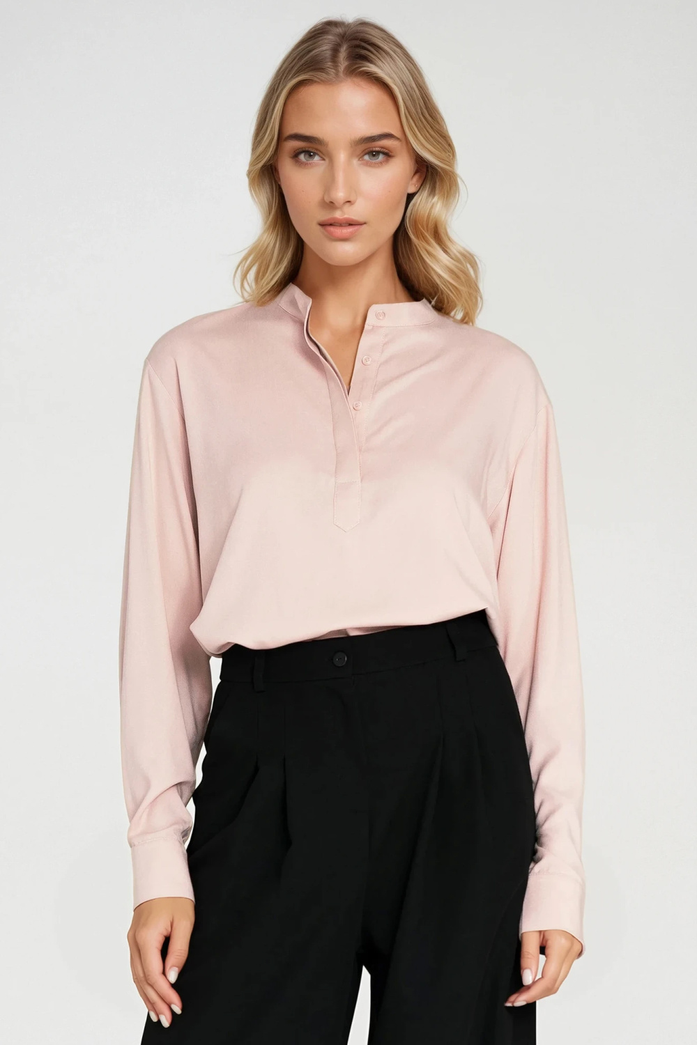 Viscose polo blouse with stand-up collar B194 Beige - Nife – vista 2